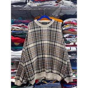 VTG 90s Hill Archer Mens XL Plaid Crewneck Sweater 100% Cotton Brown Beige Knit